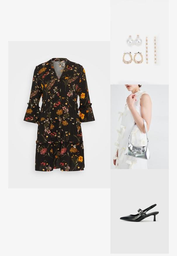 Černé šaty s květinovým vzorem, které obsahují oranžové, růžové a žluté květiny. Mají výstřih do V, volánkové rukávy a sukně s vrstveným designem.; Černé lakované boty na podpatku typu slingback s špičatou špičkou a malým blokovým podpatkem, které mají na pásku stříbrný přezkový akcent.; Stříbrná kovová kabelka se strukturovaným tvarem, s horním držadlem a detailem v podobě mašle na přední straně. Hladký povrch, reflexní lesk.; Tři páry náušnic: velké bílé perlové naušnice, zlaté kruhové naušnice s průhlednými drahokamy a dvě dlouhé, rovné zlaté naušnice s třpytivými detaily.