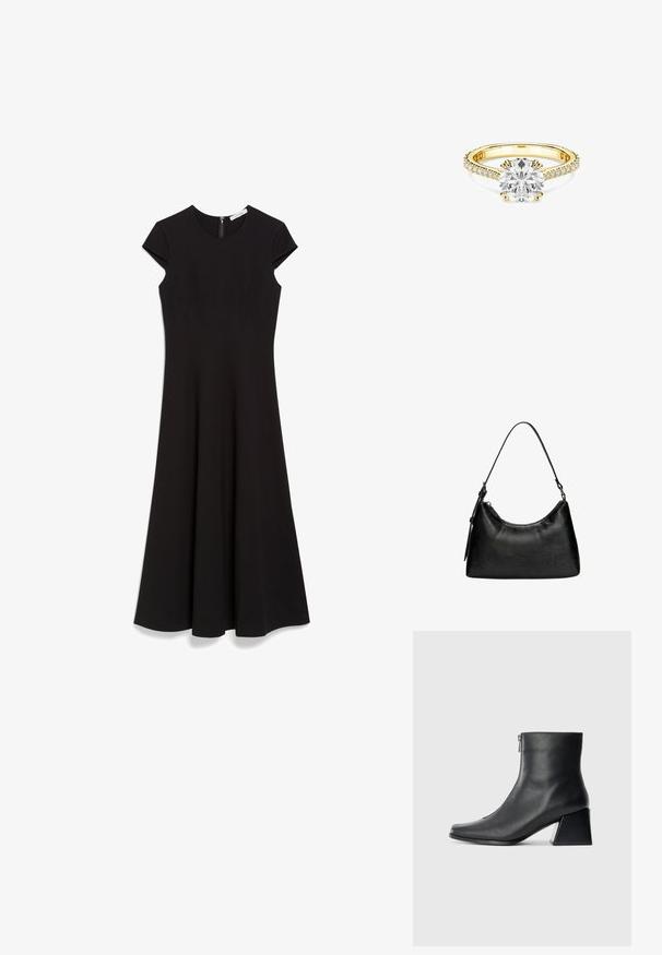 Fekete, térd fölé érő ruha rövid, kapucnis ujjakkal, kerek nyakkivágással és feszes felső résszel, amely a szegély felé bővül. Cipzáras záródás hátul.; Fekete bőr bokacsizma négyzetes orral, oldalsó cipzárral és tömbsarkal, egyszínű világos háttér előtt.; Fekete szintetikus bőr kézitáska, ívelt formával, rövid fogantyúval, cipzáras zárással és finom textúrázott mintával a felületén.; Arany gyűrű, amelynek középpontjában egy nagy kerek gyémánt található, körülötte kisebb gyémántokkal a gyűrűsávon. Simogató sáv, finom prong foglalatokkal.