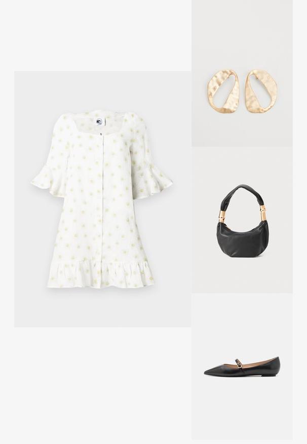 Balta kleita ar īsām platu piedurknēm, kvadrātveida izgriezumu, pogu priekšējo daļu, volānu apakšdaļu un mazo dzelteno kumelīšu rakstu visā kleitā.; Melnas ādas baleta kurpes ar norādīto pirkstu un sānu siksniņu, kurai ir apaļš zelta akcents. Vieglas ar plakanu zoli.; Melnas ādas rokassoma ar apaļu formu, mīkstu tekstūru un mezgla rokturi, kas rotāts ar zelta tonētiem aksesuāriem. Ar rāvējslēdzēja aizdari.; Pāris neregulāras ovālas formas zelta toņos metāla auskaru ar teksturētu, nedaudz sitētu virsmu uz baltas fona.