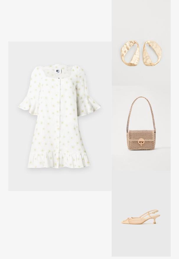 Fehér ruha rövid, harang alakú ujjal, négyzet alakú nyakkivágással, gombos elülső résszel, fodros szegéllyel, és kis sárga százszorszép mintával az egész anyagon.; Stuart Weitzman KITTY - Klasszikus sarkú cipők - beige/barely beige; Vanessa Bruno MOON - Keresztpántos táska - beige/ivoire; Egy pár szabálytalan, ovális formájú, aranyszínű fém fülbevaló, enyhén kalapált felülettel, fehér háttéren.
