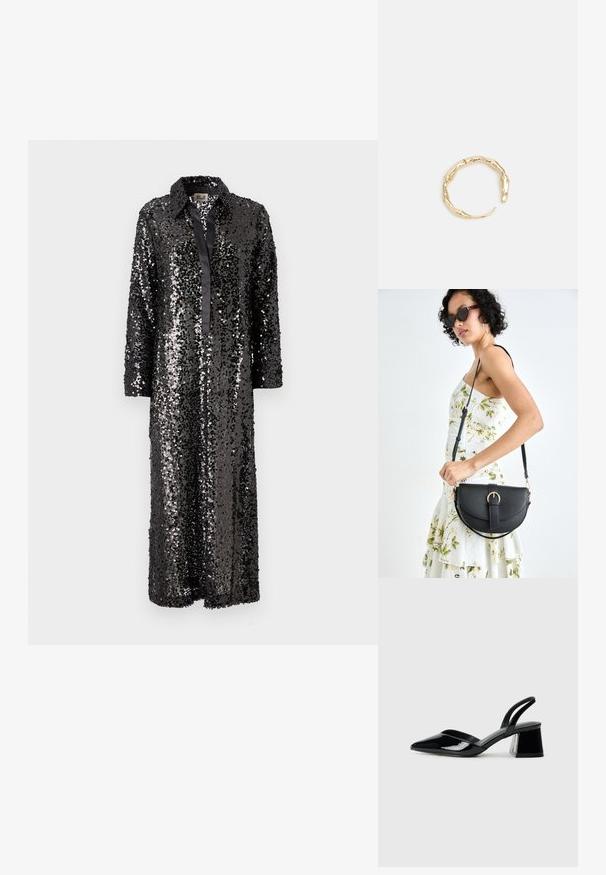 Svart paljett lång skjortklänning med krage och knäppning fram, med långa ärmar och smidig satinkant.; Svarta lackläder slingback klackar med spetsig tå och geometrisk klack. Har en elegant, minimalistisk design och slät yta.; Svart läderhandväska med en böjd form, avtagbar rem och guldiga detaljer. Väskan har ett lock med en spänndetalj.; Ring i guldutförande med en organisk, vriden design, slät yta och avsmalnande ändar, vilket ger ett modernt, skulpturalt utseende.