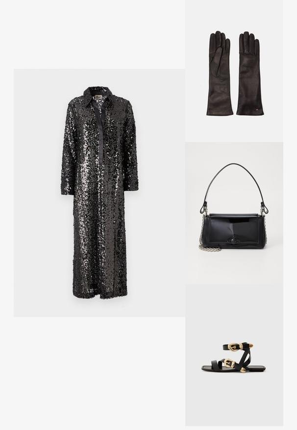 Czarna, błyszcząca sukienka koszulowa z długim rękawem, z kołnierzykiem i zapięciem na guziki z przodu, z długimi rękawami i gładkim satynowym wykończeniem.; Czarne skórzane sandały z złotymi klamrami, z wieloma paskami i płaską podeszwą, idealne do noszenia na gołe palce.; Czarna torebka z lakierowanej skóry o prostokątnym kształcie, z łańcuszkowym paskiem i charakterystycznym akcentem ze sprzętem na środku. Gładka tekstura.; Weekend Max Mara - Rękawiczki pięciopalcowe