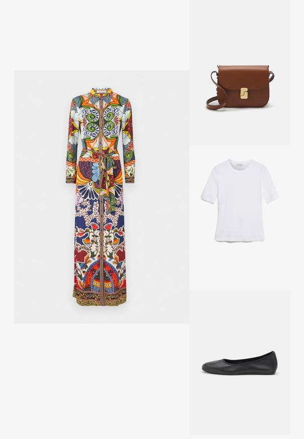 Rochie maxi cu guler și mâneci lungi. Prezintă un model vibrant, cu flori multicolore și forme geometrice. Accent de talie legată și închidere cu fermoar.; Tricou alb cu mânecă scurtă, confectionat dintr-un material texturat. Gât rotund, tăietură regulară și detalii subtile de cusătură. Fără modele sau grafice.; Balerini din piele neagră, cu vârf rotund, textură netedă, detalii de cusătură minimale și un design al tălpii flexibil.; Geantă de piele maro cu închidere tip capac, accesorii de culoare aurie, curea de umăr și o textură netedă. Formă compactă și rectangulară.