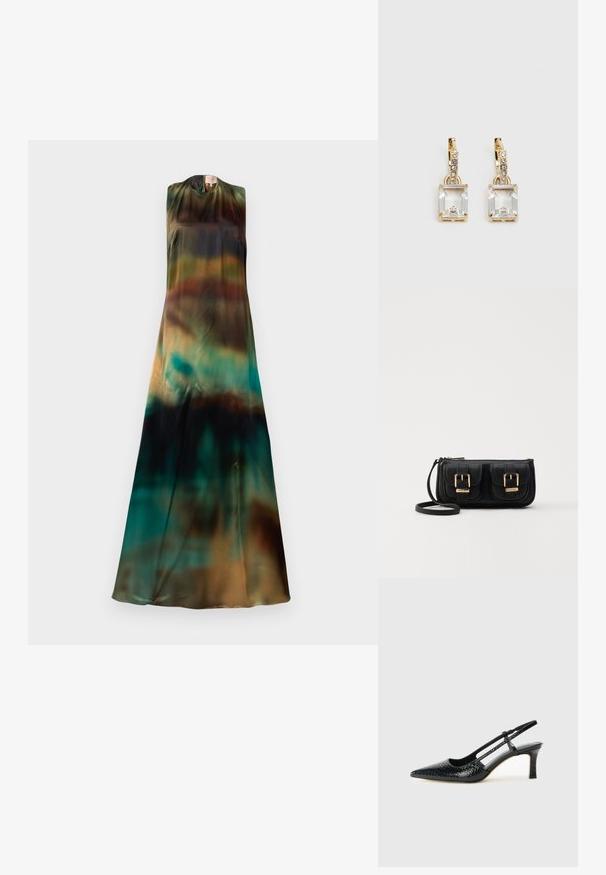 Ujjatlan ruha folyékony, könnyű anyagból. Földszínek átmenete jellemzi, mélyzöldből barna és türkizkék felé haladva.; Fekete lakk slingback sarok, hegyes orral, texturált kígyómintával, állítható pánttal és rövid, texturált tömbsarkal.; Fekete bőr keresztbody táska két elülső zsebbel, arany csattokkal, cipzáras záródással és vékony pánttal. Textúrált felület és kompakt téglalap alak.; Aranyszínű fülbevalók, melyek egy téglalap alakú, tiszta kristállyal díszítették, ami egy sor kis, kerek, tiszta kiegészítő alatt lóg. Letisztult, modern dizájn.
