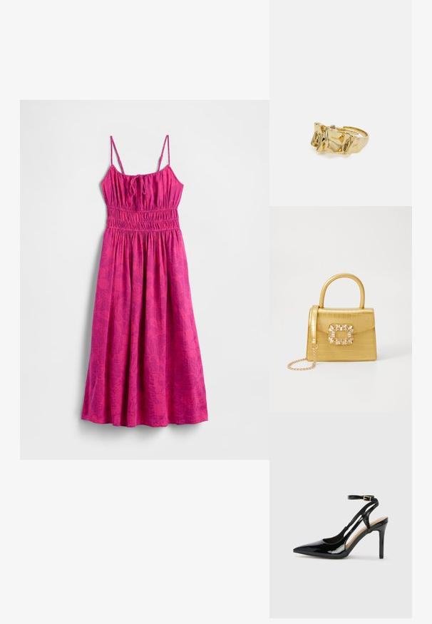 Rožinė paplūdimio suknelė su plonais petnešėlėmis, rauktu liemeniu ir lengvai krentančia suknele. Suknelė puošta subtiliu lapų raštu, pridedančiu tekstūros.; Juodas patentuotas odinis aukštakulnis batelis su siauru pirštu, reguliuojama kulkšnies juosta ir atvirais šonais. Lygi tekstūra.; Geltonas dirbtinės krokodilo odos rankinukas su standžiu dizainu, viršutine rankena, nuimamu grandininiu dirželiu ir dekoratyviniu krištolo papuošimu ant užsegimo.; Aukso žiedas su tekstūruotu, banguotu dizainu, turintis tris iškilias viršūnes. Lygus, blizgus paviršius su atviromis juostelėmis, leidžiančiomis reguliuoti dydį.