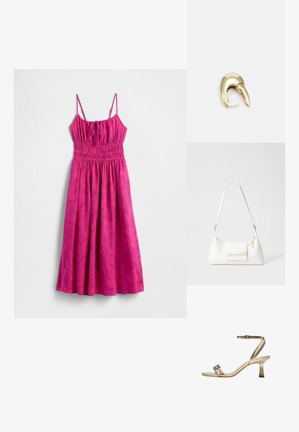 Różowa sukienka plażowa na cienkich ramiączkach, z marszczonym stanikiem i lekką, zwiewną spódnicą. Posiada subtelny wzór liści, który dodaje tekstury.; Złote metaliczne sandały na wysokim obcasie z paskiem wokół kostki, dwoma wąskimi pasami z przodu i słupkiem. Posiadają dekoracyjne zdobienia.; Biała syntetyczna torba o trójkątnym kształcie, płaskim przednim klapce i detalach w postaci kokardy, regulowanym pasku, gładkiej fakturze oraz minimalistycznym designie.; Złote metalowe kolczyki o eleganckim, zakrzywionym kształcie. Posiadają charakterystyczny szpiczasty kształt, polerowaną powierzchnię oraz zapięcie na zawias.