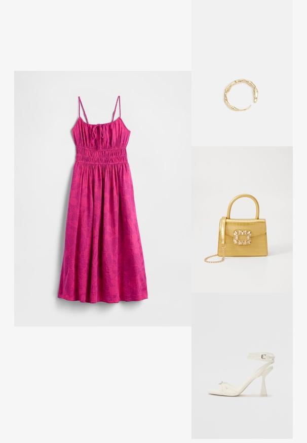 Ružové plážové šaty s tenkými ramienkami, naštieptaným živôtikom a prúdiacou sukňou. Obsahujú jemný vzor listov pre pridanie textúry.; Biele kožené sandále na vysokom podpätku s pásikmi, elegantným dizajnom, priehľadným blokovým podpätkom a dekoratívnym prvkom na špičke.; Žltá falošná krokodília kabelka so štruktúrovaným dizajnom, horným držadlom, odnímateľným reťazovým popruhom a dekoratívnym kryštálovým ozdobením na zapínaní.; Prsteň v zlatej farbe s organickým, skrúteným dizajnom, hladkým povrchom a zužujúcimi sa koncami, vytvárajúci moderný, sochársky vzhľad.