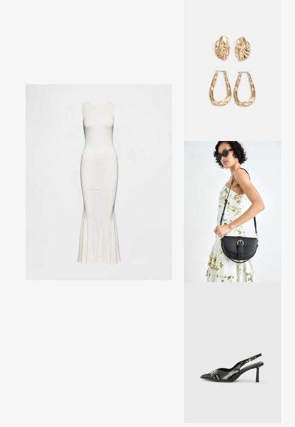 Ermeløs hvit kjole laget av et glatt stoff. Har en tettsittende liv og utsvingt hem med subtile sidesømmer. Lang og elegant silhuett.; Sorte patentlær slingback-sko med spiss tå, ankelremmer med sølvspenner og detaljer, og en slank hæl.; Svart lærveske med en buet form, avtagbar stropp og gullbeslag. Vesken har et klaff med spenne-detall.; Gullfargede øredobber med teksturerte, bølgete former. Inkluderer skulpturelle klipsstuds og åpen hoop-design med en hamret finish.