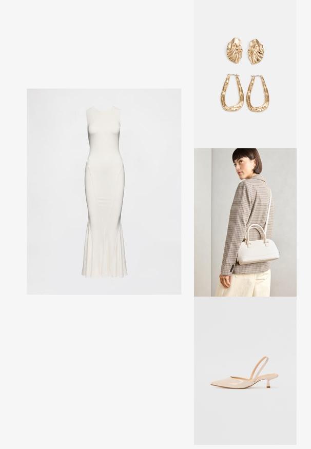 Ärmlös vit klänning i ett slätt tyg. Har en figurnära överdel och en utsvängd fåll med subtila sidsömmar. Lång och elegant silhuett.; Beiga patenterade läderkilklackar med spetsig tå och en smal, fyrkantig klack. Slät yta och minimalistisk design utan utsmyckningar.; Vitt strukturerat handväska med korta handtag och en axelrem, med gyllene detaljer och texturerat material, visad mot en grå bakgrund.; Örhängen i guldton med texturerade, vågiga former. Inkluderar skulpturala clip-on-stift och öppen hoop-design med hamrad finish.