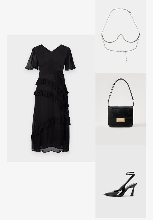 Fekete midi ruha V-nyakkivágással, rövid fodros ujjal és átlós réteges fodros díszítéssel az elülső részen és a szoknyán.; Fekete lakk bőrből készült, slingback magas sarkú cipők, hegyes orral, állítható bokapánttal és mérsékelt tömbsarkal. Simább textúra, fényes felület.; Loeffler Randall DESI CROSSBODY WITH LOCK HARDWARE - Keresztpántos táska - black; Cult Gaia ASHA BODY JEWELRY - Egyéb tartozékok - bright shiny silver-coloured