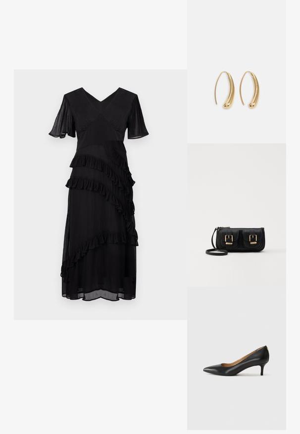Μαύρο midi φόρεμα με V-λαιμόκοψη, κοντά φτερωτά μανίκια και διαγώνιες στρωματοποιημένες ραβδώσεις μπροστά και στην φούστα.; Μαύρο δερμάτινο τακούνι με μυτερή μύτη, χαμηλό τακούνι και λεία υφή. Διαθέτει ελαφρύ άνοιγμα στο μπροστινό μέρος και ελάχιστο υλικό στο πίσω μέρος.; Μαύρη δερμάτινη τσάντα ώμου με δύο μπροστινές τσέπες, χρυσά κούμπωματα, κλείσιμο με φερμουάρ και λεπτό λουρί. Υφή επιφάνειας και κομψό ορθογώνιο σχήμα.; Χρυσές μεταλλικές σκουλαρίκια κρίκοι με καμπυλωτό, ελκυστικό σχήμα. Περιλαμβάνουν μια λεία, γυαλιστερή επιφάνεια και στρογγυλή άκρη για πρόσθετη λεπτομέρεια.