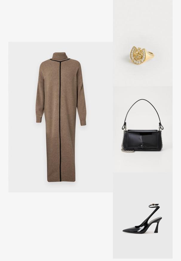 Braunes gestricktes Kleid mit hohem Kragen und langen Ärmeln. Es hat eine kontrastierende schwarze vertikale Naht an der Vorderseite. Lockerer, gerader Schnitt.; Schwarze Lackleder-Slingbacks mit spitz zulaufender Zehenpartie, verstellbarem Knöchelriemen und moderatem Blockabsatz. Glatte Textur mit glänzender Oberfläche.; Schwarze Lackleder-Handtasche mit rechteckiger Form, Kettenriemen und einem markanten Hardware-Akzent in der Mitte. Glatte Textur.; Goldring mit einem Kronendesign in einem Hufeisen, verziert mit kleinen klaren Edelsteinen, auf einem weißen Hintergrund.