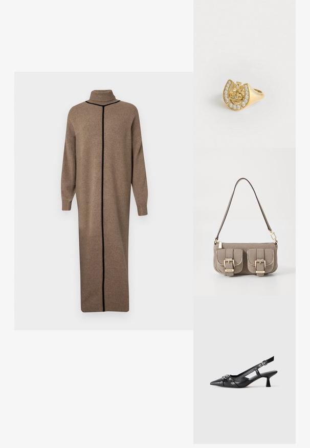 Brunstickad klänning med hög krage och långa ärmar. Har en kontrasterande svart vertikal söm framtill. Löst, rakt snitt.; Svart lädersko med slingback-design, spetsig tå, dekorativa remmar med metallöglor och en låg klack. Texturerad yta.; Beige texturerad handväska med justerbar rem, två framfickor säkrade med spännen och guldiga detaljer. Dragkedjestängning upptill.; Guldring med en krondesign inuti en hästsko, dekorerad med små klara ädelstenar, på en vit bakgrund.