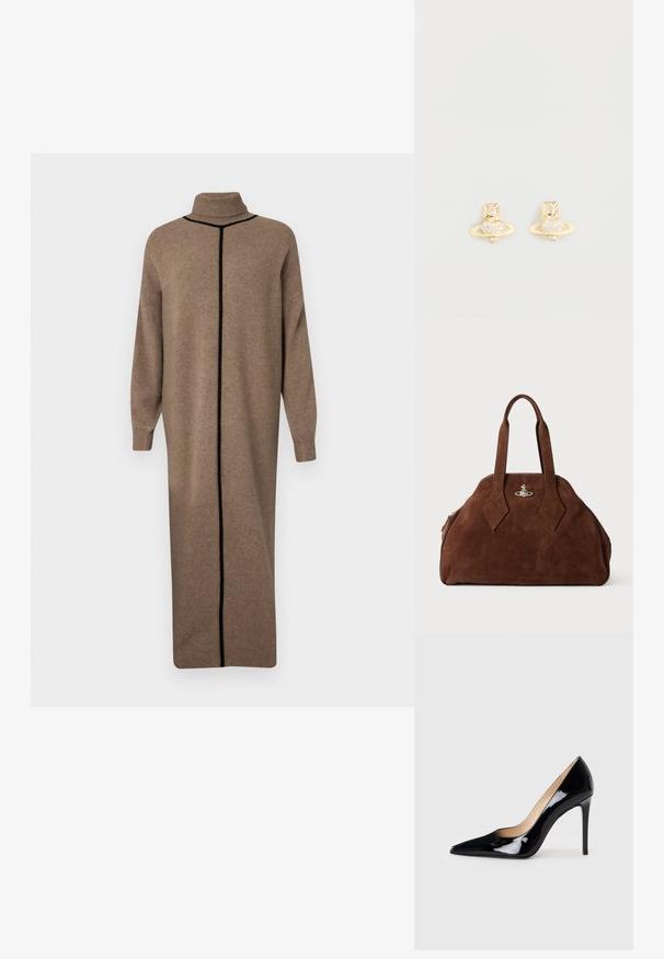 Barna kötött ruha magas gallérral és hosszú ujjakkal. Az elején egy ellentétes fekete függőleges varrás található. Laza, egyenes szabású.; Fekete lakkbőr magas sarkú pumpa hegyes orral és elegáns sziluettel. Simább, fényes felülettel és karcsú tűsarokkal rendelkezik.; Barna velúr kézi táska, strukturált formával, kerek testtel és megnyújtott gyémánt alakú fogantyúkkal. Ezüst színű záródással rendelkezik.; Arany színű fülbevalók, amelyek a Szaturnusz dizájnját követik, textúrált sávval és beágyazott kör alakú kristályokkal a még nagyobb csillogásért.