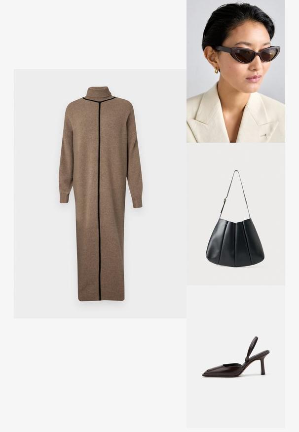 Hnědý pletený svetr s vysokým límcem a dlouhými rukávy. Obsahuje kontrastní černý vertikální šev po přední straně. Volný, rovný střih.; Hnědá lakovaná slingback lodička s špičatou špičkou a úzkým vysokým podpatkem. Má elegantní design a hladký povrch.; Hnědé cat-eye sluneční brýle s tmavými skly, s robustními rámy a hladkým povrchem, doplněné béžovým sáčkem a zlatými kruhovými náušnicemi.; Černá kožená kabelka přes rameno s skládacím designem, hladkým povrchem, jedním popruhem a jemným zlatým kováním.