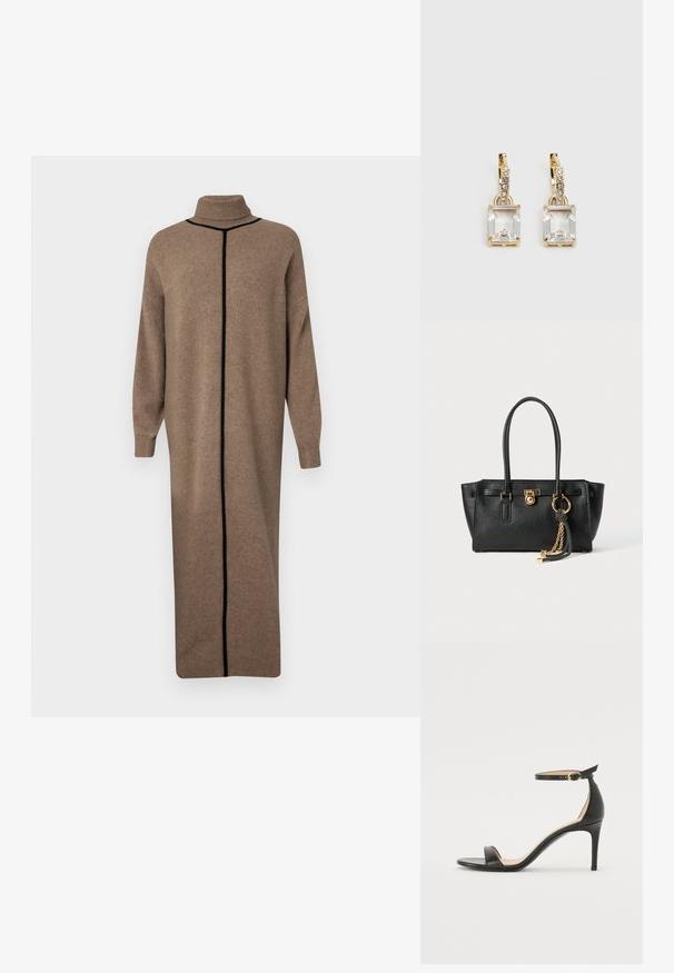 Braunes gestricktes Kleid mit hohem Kragen und langen Ärmeln. Es hat eine kontrastierende schwarze vertikale Naht an der Vorderseite. Lockerer, gerader Schnitt.; Schwarze Leder-high-heeled Sandale mit Knöchelriemen. Verfügt über eine glatte Textur, offene Zehen und einen dünnen Absatz. Goldfarbener Schnallenakzent.; Schwarze Lederhandtasche mit doppelten Griffen, goldfarbener Verschluss- und Kettendetails sowie einem schwarz-weißen Quastenaccessoire vor weißem Hintergrund.; Ohrringe in Goldfarbe mit einem rechteckigen, durchsichtigen Kristall, der unter einer Reihe kleiner, runder klarer Akzente hängt. Elegantes, modernes Design.