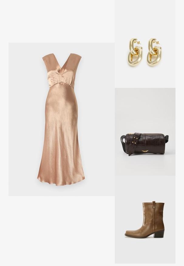 Dlouhé šaty ve vysoce lesklé rose gold barvě, s hlubokým V výstřihem, širokými ramínky a volným střihem. Hladká textura.; Hnědé kožené kotníkové boty se čtveratou špičkou, texturovaným povrchem a nízkým zvýšeným podpatkem. Mají zadní poutko na obouvání a jemné prošívání.; Hnědá kabelka z krokodýlí kůže s embosováním, cylindrického tvaru, se zlacenými kovovými prvky a odnímatelným popruhem se hroty.; Rabanne XL LINK  DOUBLE HOOP EARRINGS - Náušnice - gold-coloured