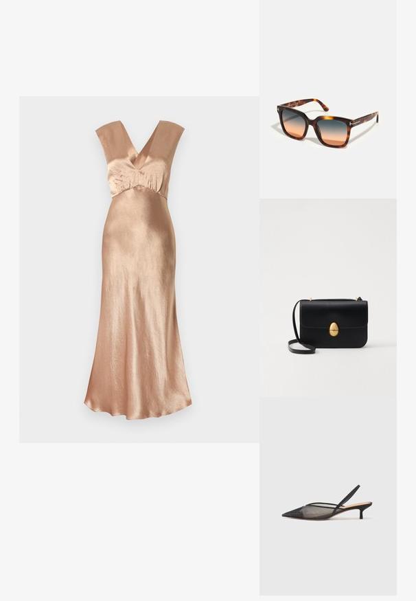 Long rose gold dress made from shiny material, featuring a deep V-neck, wide shoulder straps, and a flowing silhouette. Smooth texture.; NEOUS IRENA - Classic heels - black; Tom Ford Sunglasses - brown; Black leather handbag with a structured rectangular shape. Features a golden oval clasp and a thin shoulder strap. Smooth texture.