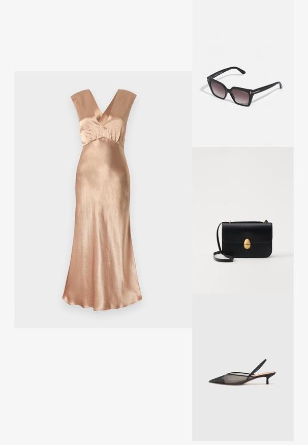 Pitkän rose kullan värisen mekon, joka on valmistettu kiiltävästä materiaalista, syvä V-kaula-aukko, leveät olkaimet ja virtaava siluetti. Sileä pinta.; NEOUS IRENA - Avokkaat - black; Mustat ylisuuruiset aurinkolasit geometrisen muotoisilla huuruilla, joissa on kultaiset yksityiskohdat varsissa. Valmistettu kestävästä muovimateriaalista.; Musta nahkakäekott struktureeritud ristküliku kujuga. Varustatud kuldse ovaalse lukuga ja õhukese õlalindiga. Sile tekstuur.
