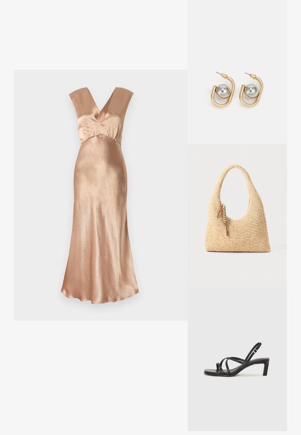 Garšs rozā zelta kleita, izgatavota no spīdīga materiāla, ar dziļu V veida kakla izgriezumu, platām plecu siksnām un plūstošu siluetu. Gluda tekstūra.; Melnas strappy sandales ar kvadrātveida purngaliem un zemu bloku papēdi. Ievērojamas ar vairākiem plāniem siksniņām un regulējamu potītes siksniņu. Izgatavotas no gludas ādas.; Auduma bēšs rokassomu ar izliekto rociņu, strukturētu virsmu un brūna pušķa detaļu. Iespējama vaļīga, hobo forma.; Zeltainās auskaros ir izliekta, gredzenveida forma ar izteiktu sudraba sfēras akcentu. Spodrināta metāla apdare, ar punkta aizmugures aizdari.