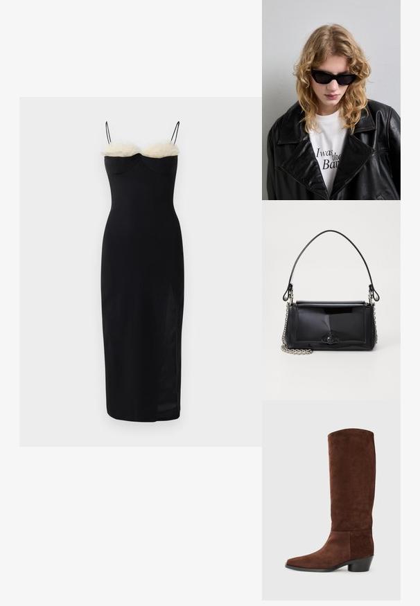 Juoda kūno formą pabrėžianti suknelė su špageto tipo petnešomis, turinti baltos dirbtinės kailio juostą prie iškirptės ir šoninės praplatinimo. Lygi, tampri medžiaga.; Rudi suki batai iki kelių, kvadratinėmis pirštų dalimis, tekstūruota paviršiumi ir žema blokuota pakulne. Paprastas dizainas be matomų detalių ar akcentų.; Juodos saulės akinius su stilingu, kampuotu dizainu. Modelis vilki juodą odinį švarką virš baltos marškinėlių su spausdintu tekstu, prieš neutralų foną.; Juodas lakinės odos rankinės ilgis stačiakampis, su grandinėlės dirželiu ir išskirtiniu metaliniu akcentu centre. Lygus paviršius.