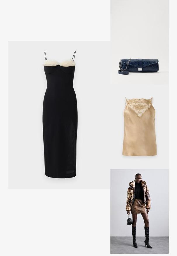 Fekete testhez simuló ruha spagetti pántokkal, fehér műszőrme réteggel a nyaklánál és oldalsó hasítékkal. Simább, rugalmas anyag.; Beige szatén hálóing csipkés díszítéssel a nyakrészen, vékony, állítható pántokkal és sima, fényes felülettel.; Barna és fekete mintás puffjú dzseki, barna kígyóbőr mintás mini szoknyával, fekete térdig érő csizmával és egy kicsi fekete táskával párosítva.; Sötétkék bőr retikül krokodilbőr textúrával, ezüst lánc pánttal és fém csattal. Téglalap alakú, felhajtható kialakítással.