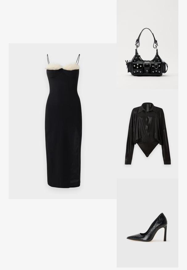 Čierne bodycon šaty s tenkými ramienkami, s bielou umelou kožušinou na dekolte a bočným rozparkom. Hladká, elastická látka.; Čierny body s dlhými rukávmi, výstrihom do V a priliehavým strihom. Vyrobené z lesklého, hladkého materiálu so štruktúrovaným golierom a manžetami.; Čierna lodička s špicatou špičkou a lakovanou textúrou krokodíla, s elegantným dizajnom, vysokým stiletto podpätkom a hladkým čiernym interiérom.; Čierna kožená kabelka s zakriveným dizajnom, doplnená striebornými cvočkami, prackou a dvoma bočnými vreckami. Nastaviteľný popruh poskytuje rôzne možnosti nosenia.