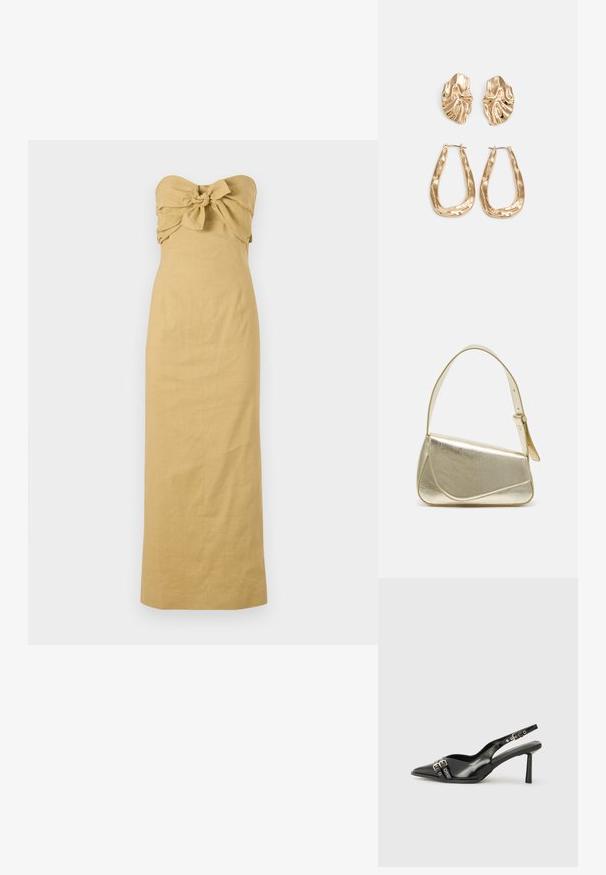 Bez naramenica, duga haljina od svijetlosmeđeg platna s čvorastim mašnom na grudima i ravnim siluetom koja se proteže do članaka.; Crna lakirana slingback cipela s izduženim vrhom, remenčićima oko gležnja s srebrnim kopčama i dijelovima, te vitkim potplatom.; Zlatna metalna torba s uređenim dizajnom, glatkom teksturom i podesivim remenom. Ima jedinstven trokutasti oblik i minimalističko šivanje.; Naušnice zlatne boje s teksturiranim, valovitim oblicima. Uključuju skulpturalne kopče i dizajn otvorene kružnice s kovanom završnom obradom.