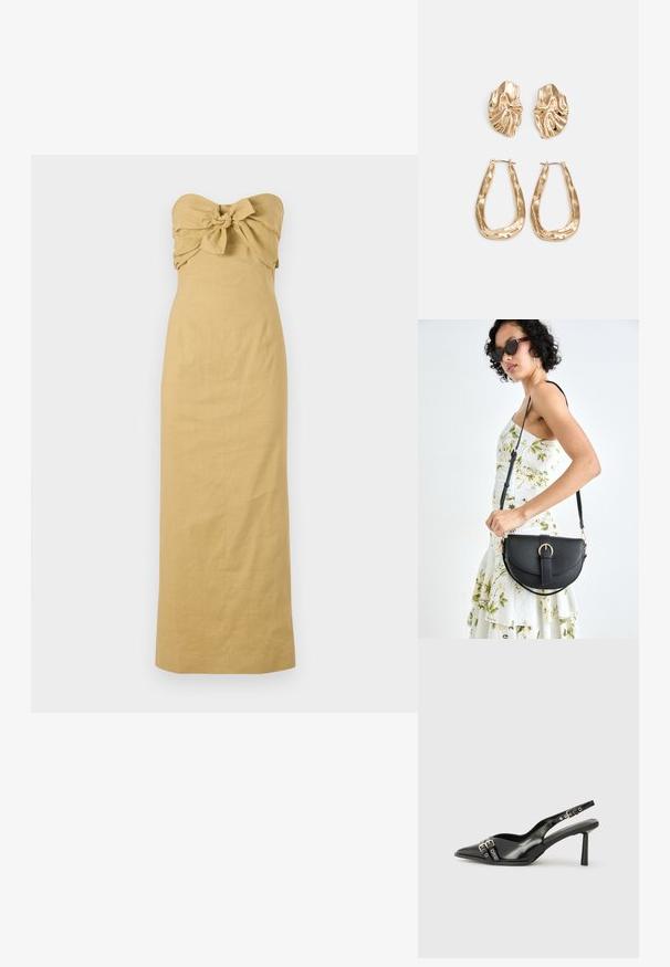 Brezramni dolgi plašč v svetlo rjavi laneni tkanini z zavezanimi metuljčkom na prsu in ravno silhueto, ki pada do gležnjev.; Črne patentne usnjene sandale s koničastim nosom, zankami okoli gležnja s srebrnimi sponkami in opremo ter vitkimi petami.; Črna usnjena torbica s ukrivljeno obliko, z odstranljivo naramnico in zlatimi dodatki. Torbica ima pokrov s podrobnostmi v obliki zaponke.; Zlato obarvani uhani z teksturiranimi, valovitimi oblikami. Vključujejo skulpturalne sponke za ušesa in odprto obliko obročka s kladivastim finišem.