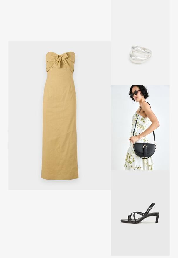 Rihmata pikk kleit heledast pruuni linast ilma rihmadeta, millel on sõlme detail rinnakorvi juures ja sirge siluett, mis voolab kuni pahkluuni.; Mustast rihmajalatsid ruudukujulise varba ja madala ploki kontsaga. Omab mitmeid õhukesi rihmasid ja reguleeritavat pahkluu rihma. Valmistatud siledast nahast.; Mustmust mustraha kõverate joontega, eemaldatava rihmaga ja kuldsete detailidega. Kotil on klapp, millel on pandladetail.; Hõbedane kahekordne rõngas sujuva, poleeritud pinnaga. Omab voolavat, kõverat disaini, millel on kattuvad sektsioonid, et saavutada kaasaegne ilme.