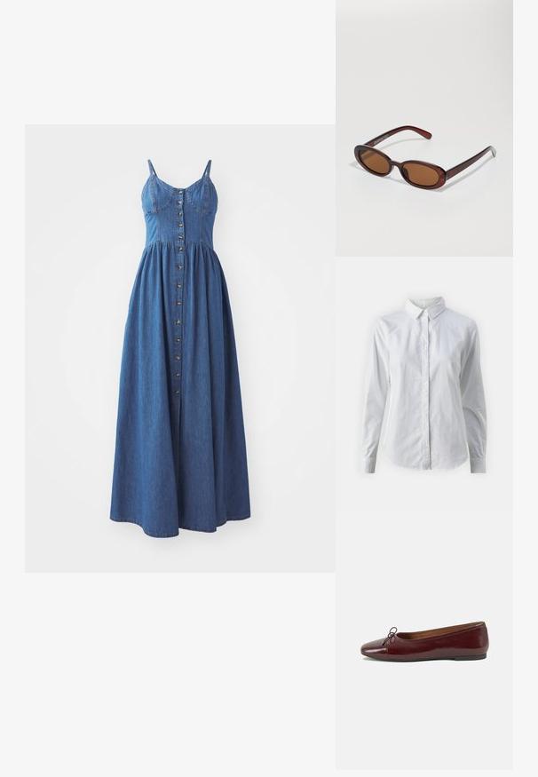 Denim maksi haljina s podesivim trakama, zatvaranjem na dugmad, pripijenim gornjim dijelom i lepršavom suknjom, u srednjoj plavoj nijansi.; Bjela košulja na dugih rukava od glatkog pamuka, s klasičnom kragnom i zakrivljenim rubom. Dugmad su mala i bijela.; Burgundska lakirana balerinka s zaobljenim vrhom, malim mašnom sprijeda i niskom, crnom gumenom potplatu. Glatka tekstura.; Okvir okruglih, smeđkastih sunčanih naočala s sjajnim burgundskim okvirom. Uski nositelji s suptilnim brendiranjem. Ravna leća.