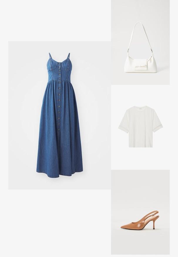Farmer maxi ruha állítható pántokkal, gombos elülső záródással, testhezálló felső résszel és lágyan terülő szoknyával, közepes kék mosással.; Fehér, rövid ujjas póló, pamutból készült, díszes csipkés szegéllyel az ujjak mentén és kerek nyakkivágással.; Fingerszűk, hegyes orrú, háttámlás sarokcipő sima, fényes barnás anyagból. Íves kivágású dizájn és karcsú stiletto sarkú. Ezüst csattal ellátva.; Fehér szintetikus kézitáska, háromszög alakú, lapos előlap, masni részlettel, állítható pánttal, sima textúrával és minimalista dizájnnal.