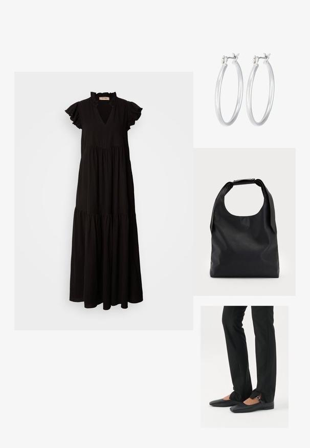 Melna maksi kleita ar V-veida kakla izgriezumu, volānu īsām piedurknēm, slāņotu svārku un smockētu krūšu daļu. Izgatavota no viegla, teksturēta auduma.; Melni ādas baleta zābaki ar smailo purngalu, siksniņa ar sudraba sprādzi, kombinēti ar melniem tailētiem biksēm ar šķēluma apakšdaļu.; Melna ādas hobo soma ar vienu mīkstu, noapaļotu rokturi; tai ir gluda virsma un minimālistisks dizains. Nav redzamu metāla detaļu vai akcentu.; Sudraba riņķveida auss gredzeni ar gludu, pulētu apdari. Apaļa forma un drošs klikšķa augšējais slēgums. Viegls dizains, kas piemērots ikdienas valkāšanai.