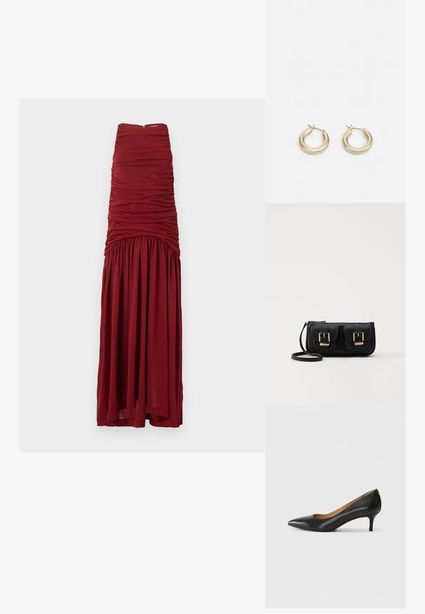 Tamsiai raudonas maksi suknelė su prigludusia liemenėle, susiraukšlėjusia tekstūra ir laisvai krentančia apatine dalimi. Pagaminta iš švelnaus audinio su nematomu užtrauktuku nugaroje.; Juodos odinės aukštakulnės bateliai su smailiu nosiu, žemu kulnu ir lygiu paviršiumi. Priekyje yra nedidelis atvirumas, o gale minimalus apdaila.; Juodas odinis per petį nešiojamas krepšys su dviem priekiniais kišenėmis, auksiniais sagtimis, užtrauktuko uždarymu ir siauromis petnešomis. Textūruota paviršius ir kompaktiškas stačiakampis formatas.; Lauren Ralph Lauren BASIC SMALL HOOP - Auskarai - gold-coloured