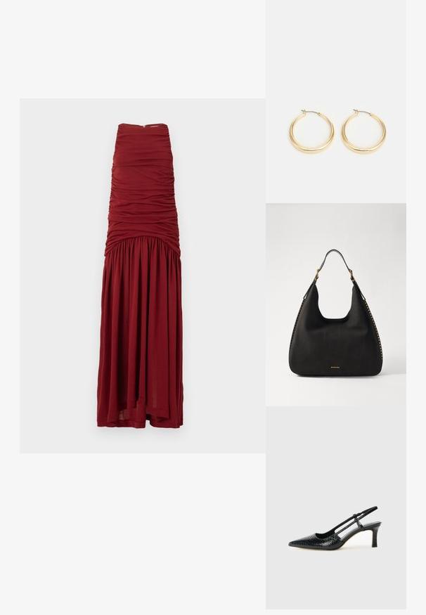 Rochie maxi mahon cu un corp ajustat, textură plisată și partea inferioară fluidă. Confecționată dintr-un material moale, cu un fermoar invizibil la spate.; Pantofi cu toc slingback negri din patent, cu vârf ascuțit, cu imprimeu de șarpe texturat, curea ajustabilă și toc scurt texturat.; MICHAEL Michael Kors NOLITA HOBO  - Geantă de mână - black; Cercei tip cerc din metal auriu, cu un design neted și rotund, având un închizător din fir subțire și un finisaj lustruit pentru un aspect strălucitor.