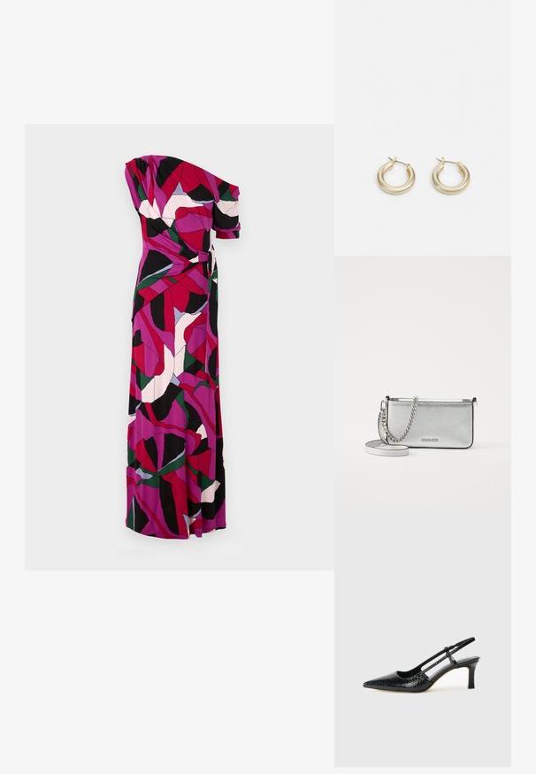 Maxi šaty s jedním ramínkem, s barevným listovým vzorem v odstínech růžové, fialové, zelené a černé. Vyrobeno z lehkého materiálu.; Černé lakované slingback podpatky s špičatou špičkou, zdobené texturovaným hadím vzorem, nastavovacím páskem a krátkým texturovaným blokovým podpatkem.; Stříbrná kožená kabelka přes rameno s texturovaným povrchem, akcenty z řetízku a popruhu a uzavíráním na zip. Na přední straně má logo.; Lauren Ralph Lauren BASIC SMALL HOOP - Náušnice - gold-coloured