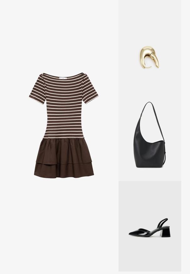 Braun und beige gestreifter kurzärmeliger Kleid mit rundem Ausschnitt und gestuftem Volantrock.; Schwarze Lackleder-Slingback-High Heels mit spitzem Schuh und einem geometrischen Blockabsatz. Verfügt über ein schlankes, minimalistisches Design und eine glatte Textur.; Schwarze Leder-Hobo-Tasche mit einer glatten Textur, geschwungener Form und einem einzelnen verstellbaren Tragegurt; verfügt über eine weite Öffnung am oberen Ende.; Ohrringe aus goldfarbenem Metall mit einem schlanken, geschwungenen Design. Sie verfügen über eine markante, spitze Form, eine polierte Oberfläche und einen Scharnierverschluss.