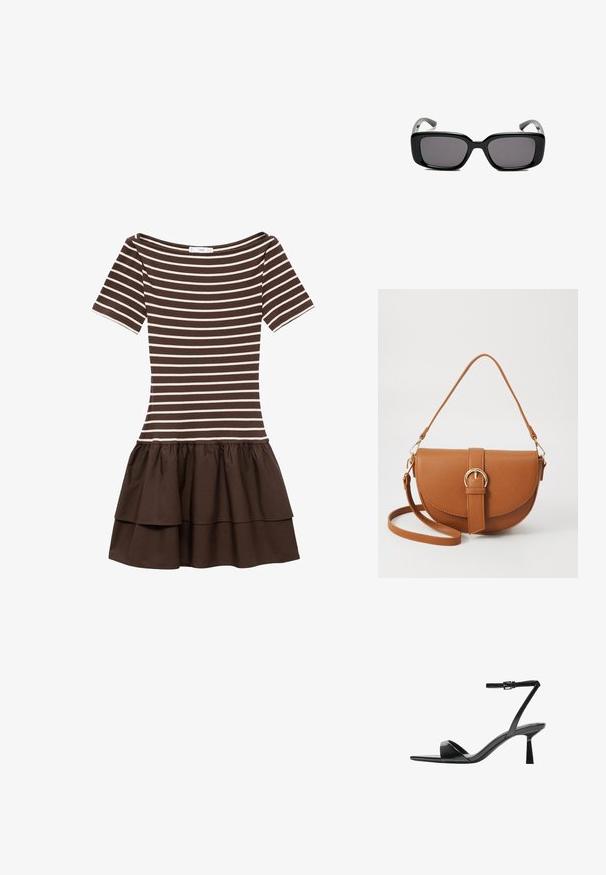 Brun og beige stribet kortærmet kjole med rund halsudskæring og lagdelt volantnederdel.; Bershka Højhælede sandaletter / Højhælede sandaler - black; Sorte rektangulære solbriller med mørke linser, glat plastikramme og buede stænger. Designet er klodset med en minimalistisk æstetik.; Brun læder crossbody taske med en buet form, guldfarvet hardware og en spændeaccent. Har en aftagelig skulderrem.