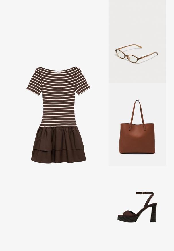 Bruin en beige gestreepte jurk met korte mouwen, ronde halslijn en gelaagde ruches rok.; Bruine suède high-heeled sandaal met een open teen, verstelbare enkelband en een gestreepte plateauzool.; Bruine schildpadbril met ovale lenzen, dunne armen en transparante accenten. Heeft een subtiele logo op de tempel. Strak, lichtgewicht ontwerp.; Bruine leren tote bag met een gladde textuur, een ontwerp met een open bovenkant en twee schouderbanden. Kenmerkt zich door minimale stiksels en geen zichtbare hardware.
