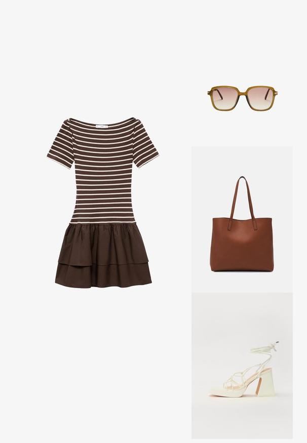 Brązowa i beżowa, paskowana sukienka krótki rękaw z dekoltem w kształcie łódki i warstwową falbaną.; Biała sandał na wysokim obcasie z masywnym słupkiem, z paskowym wzorem i wiązaniem przy kostce. Gładka faktura z platformą z przodu dla dodatkowej wysokości.; Kwadratowe okulary przeciwsłoneczne z jasnobrązową przezroczystą oprawą, gradientowymi różowymi soczewkami i ciemnoczekoladowymi zausznikami. Minimalistyczny design z subtelnymi akcentami sprzętowymi.; Brązowa skórzana torba tote o gładkiej fakturze, z otwartym wierzchem i dwoma ramiączkami. Charakteryzuje się minimalnym przeszyciem i brakiem widocznych elementów metalowych.