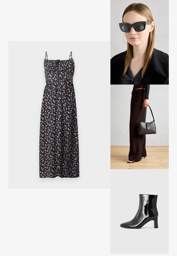Blumen-Maxi-Kleid aus schwarzem Stoff mit kleinen rosa und weißen Blumen, verstellbaren Trägern, gerafftem Oberteil und fließendem Rock.; Schwarzer Lackleder-Stiefelette mit spitzer Zehe und einem mittelhohen Blockabsatz. Glatte Textur und minimalistisches Design.; Schwarze Katzenaugen-Sonnenbrille mit dunklen Gläsern, dicken Rahmen und subtilen Akzenten. Getragen mit einem schwarzen Mantel und einem grauen Oberteil, dazu lange, glatte Haare.; Schwarze Handtasche mit strukturierter Form, glatter Textur und einem metallischen Verschluss. Kombiniert mit weiten schwarzen Hosen und offenen Sandalen auf einem Holzboden.