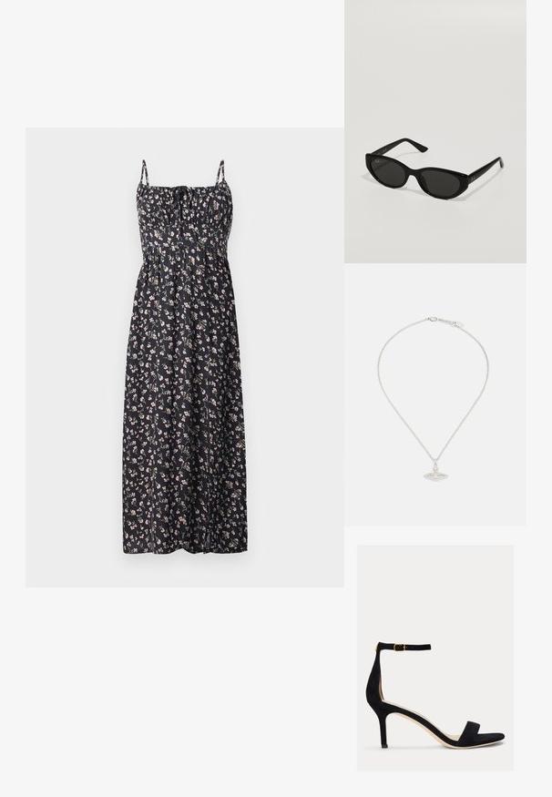 Blomstrete maxi-kjole i svart stoff med små rosa og hvite blomster, justerbare stropper, samlet liv og flytende skjørt.; Lauren Ralph Lauren ALLIE MID HEEL SUEDE SANDAL - Sandaler - black; Svarte solbriller med en smal, katteøyeform. Laget av glatt plast, med mørke linser og subtile logo aksent på stengene.; Sølvkjede med en delikat kjede og oval vedheng som har intrikate detaljer og en liten steinaccent.