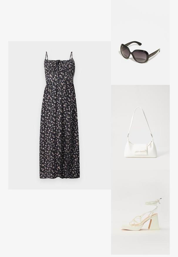 Lilledega maksikleit mustast kangast, millel on väikesed roosa ja valge värvi lillemustrid, reguleeritavad rihmad, kogutud rind ja voogav seelik.; Valged kõrge kontsaga sandaalid, millel on paks konts ja rihmadega disain koos pahkluu sidumisega. Sile tekstuur ja platvorm ees, et lisada kõrgust.; Mustad mustra prillid, millel on suuremahuline ümar raam. Läätsed degradeeruvad tumedast heledani. Omab sujuvat, läikivat viimistlust ja diskreetseid logo aktsente peades.; Valge sünteetilisest materjalist kott kolmnurkse kujuga, lame esiklapiga ja kaaredetailiga, reguleeritava rihmaga, sileda tekstuuriga ja minimalistliku disainiga.