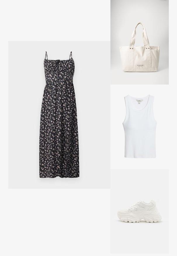 Blumen-Maxi-Kleid aus schwarzem Stoff mit kleinen rosa und weißen Blumen, verstellbaren Trägern, gerafftem Oberteil und fließendem Rock.; Weißes, geripptes, ärmelloses Tanktop mit Rundhalsausschnitt und M&S-Label am Kragen, flach auf einem weißen Hintergrund ausgelegt.; Weiße klobige Sneakers mit strukturiertem Obermaterial, Mesh-Einsätzen und dicken Gummisohlen mit markantem Profil. Inklusive Schnürsenkeln und Zuglasche.; Leichte beiger Canvas-Umhängetasche mit zwei robusten Griffen, kontrastierendem weißen Besatz und dem Logo "THE NORTH FACE" in Schwarz an der Vorderseite.