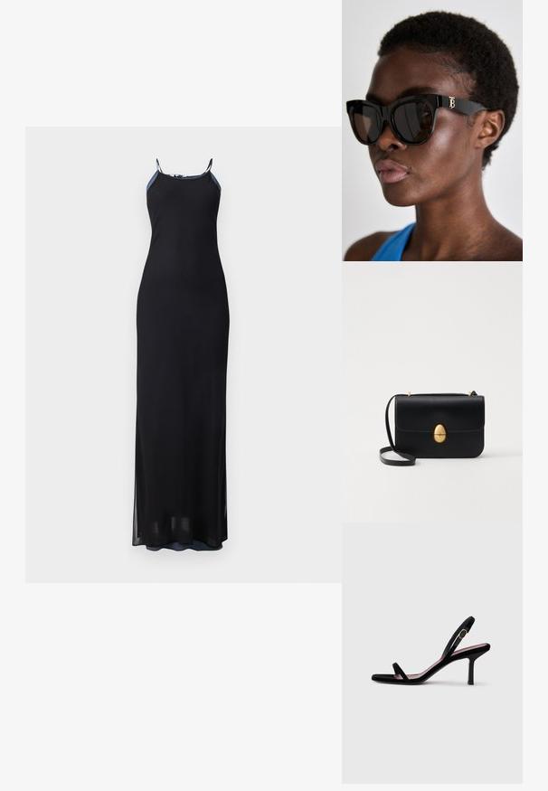 Melna maksikleita ar plānām siksnām, pieguļoša silueta un sānu šķirbēm. Mīksta, plūstoša auduma ar gludu tekstūru. Akcentēta dekoltē vieta.; Melna zamšaina sieviešu augstpapēžu sandaļi ar šaurām siksnām un zeltītu sprādzi uz baltā fona, sānu skats.; Melnas saulesbrilles ar biezu, leņķainu rāmi, ar zelta "TB" logotipu sānos un tumši tonētiem objektīviem, uz neitrāla fona.; Melnas ādas rokassomu ar strukturētu taisnstūra formu. Iespējas zelta ovāla slēdzis un plāns plecu siksna. Gluda tekstūra.