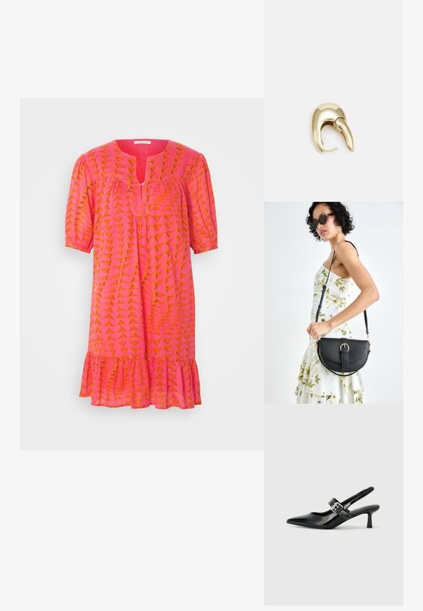Rosa kjole med oransje geometrisk mønster, korte puff ermer, nøkkelhullsfront og volangkant. Lett materiale og avslappet passform.; Svarte patent lær slingback hæler med spiss tå og en liten blokkheel, med en sølvspenne som detalj på stroppen.; Svart lærveske med en buet form, avtagbar stropp og gullbeslag. Vesken har et klaff med spenne-detall.; Gullfarget metalløredobber med et elegant, buet design. Har en karakteristisk spiss form, polert overflate og hengsel-lukking.