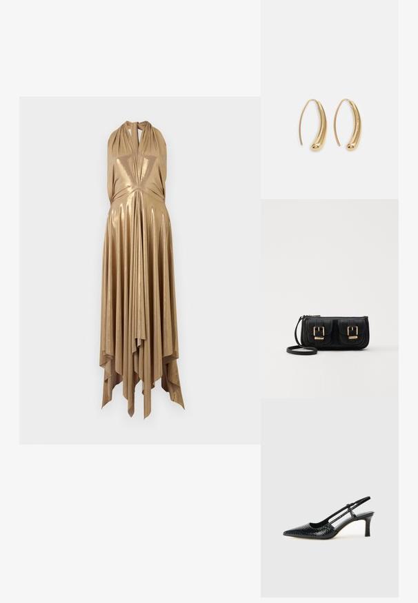 Metalická zlatá halter šaty s hlubokým výstřihem do V, draped korzetem a rozšířeným, asymetrickým lemem s vertikálními plisováními pro zvýšení struktury.; Černé lakované slingback podpatky s špičatou špičkou, zdobené texturovaným hadím vzorem, nastavovacím páskem a krátkým texturovaným blokovým podpatkem.; Černá kožená crossbody taška se dvěma předními kapsami, zlatými přezkami, zipovým uzávěrem a štíhlým popruhem. Texturovaný povrch a kompaktní obdélníkový tvar.; Náušnice ve tvaru kruhu z pozlaceného kovu s vroubkovaným, prodlouženým tvarem. Mají hladký, lesklý povrch a zaoblený konec pro zvýraznění detailu.