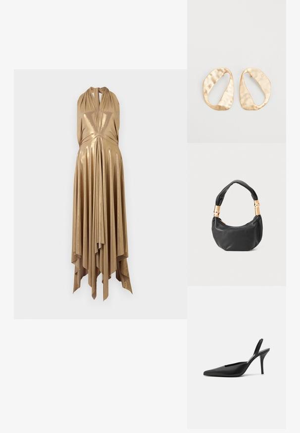 Metalna zlatna haljina bez rukava s dubokim V-izrezom, drapiranom tijelom i lepršavim, asimetričnim rubom koji ima vertikalne nabore za dodatnu teksturu.; Crne slingback cipele s visokom potpeticom i špicastim prstom, od glatke kože s elegantnim, minimalističkim dizajnom. Visoka stiletto potpetica.; Crna kožna torba s okruglim oblikom, mekim teksturom i čvorastom ručkom s zlatnim metalnim detaljima. Zatvaranje na patentni zatvarač.; Par zlatnih metalnih naušnica nepravilnog ovalnog oblika s teksturiranom, blago kovanom površinom na bijeloj pozadini.