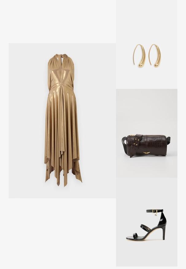 Metāliski zelta haltera kleita ar dziļu V veida kakla izgriezumu, plūstošu augšdaļu un izlocītu asimetrisku apakšmalu, kas rotāta ar vertikālām krokām papildu tekstūras pievienošanai.; Melnas lakota ādas sandalēs ar trim siksnām, potītes sprādzi un 4 collu stiletto papēdi. Iespējas ar zelta detaļām un logotipa piekariņu.; Brūna krokodila ādas soma ar cilindrisku formu, zelta toni aparatūru un noņemamu siksnu ar studiem.; Zelta toņu metāla gredzena auskari ar izliektu, pagarinātu formu. Ar gludu, spīdīgu virsma un noapaļotu galu papildu detaļām.