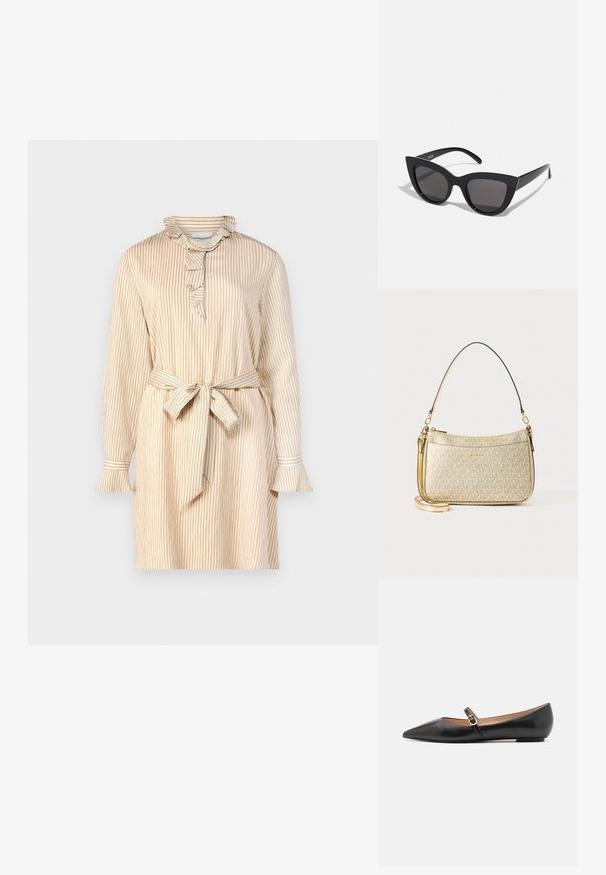 Béžové šaty s vertikálnymi pruhmi, volánovým golierom, gombíkovou légou, dlhými rukávmi s rozšírenými manžetami a opaskom na viazanie v páse.; Čierne kožené baletky s špicatou špičkou a bočným remienkom s kruhovým zlatým akcentom. Ľahké s plochou podrážkou.; Čierne slnečné okuliare v štýle mačacích očí s matným povrchom, so šedými tónovanými sklami, ostrými hranami a elegantnými bokovými ramenami. Názov značky je viditeľný na vnútornom ramene.; Kabelka so zlatou textúrou a hladkým koženým popruhom, s uzáverom na zips a jemným logom potlačeným na povrchu.; Zlatom pozlátený náhrdelník s hladkým, zakriveným centrálnym akcentom. Obsahuje flexibilný reťaz s karabínkovým zapínaním a ďalšími nastaviteľnými článkami reťaze.